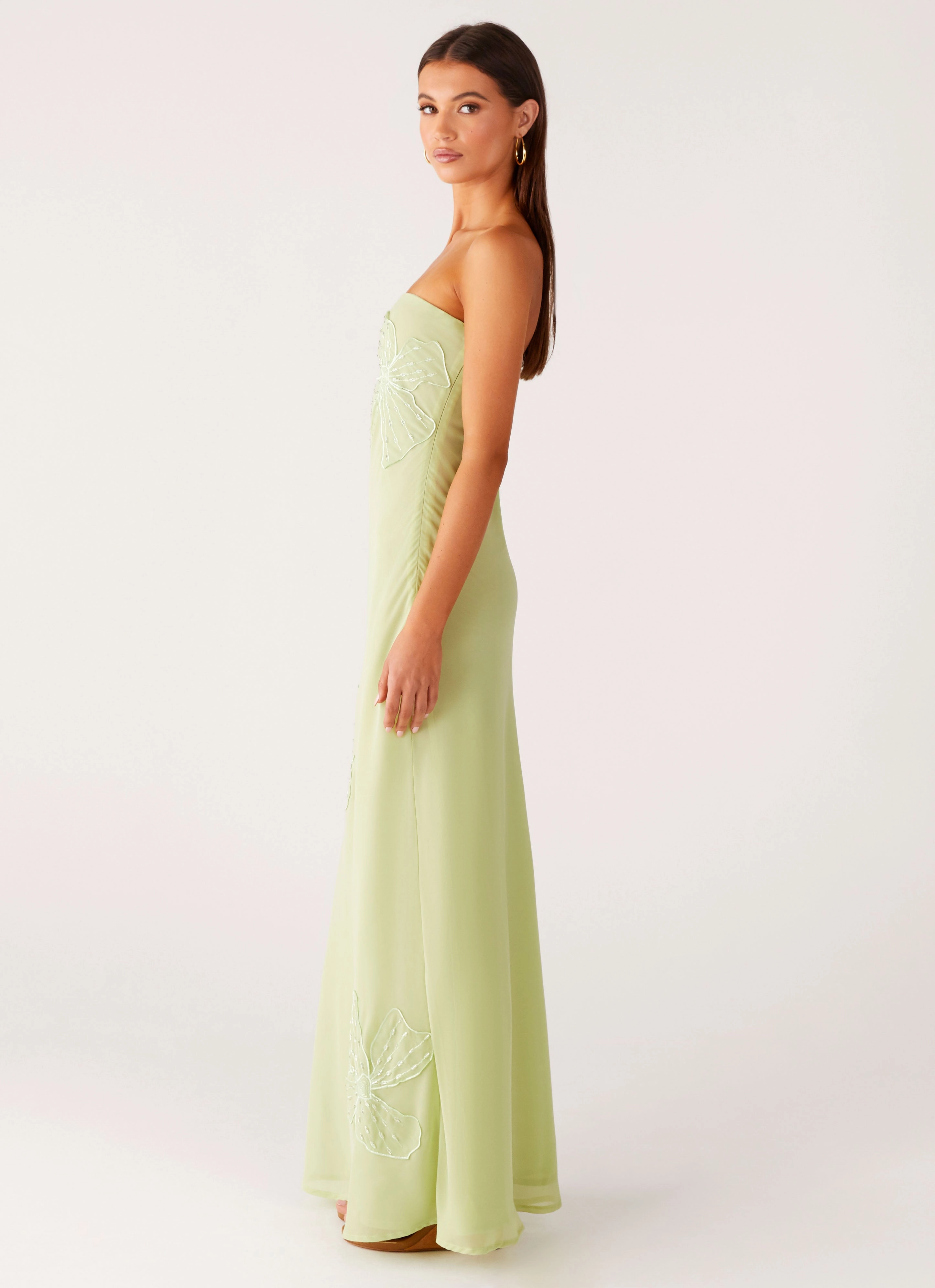 Sassafras Beaded Flower Strapless Maxi Dress - Lime Smooth Layering Premium Quality