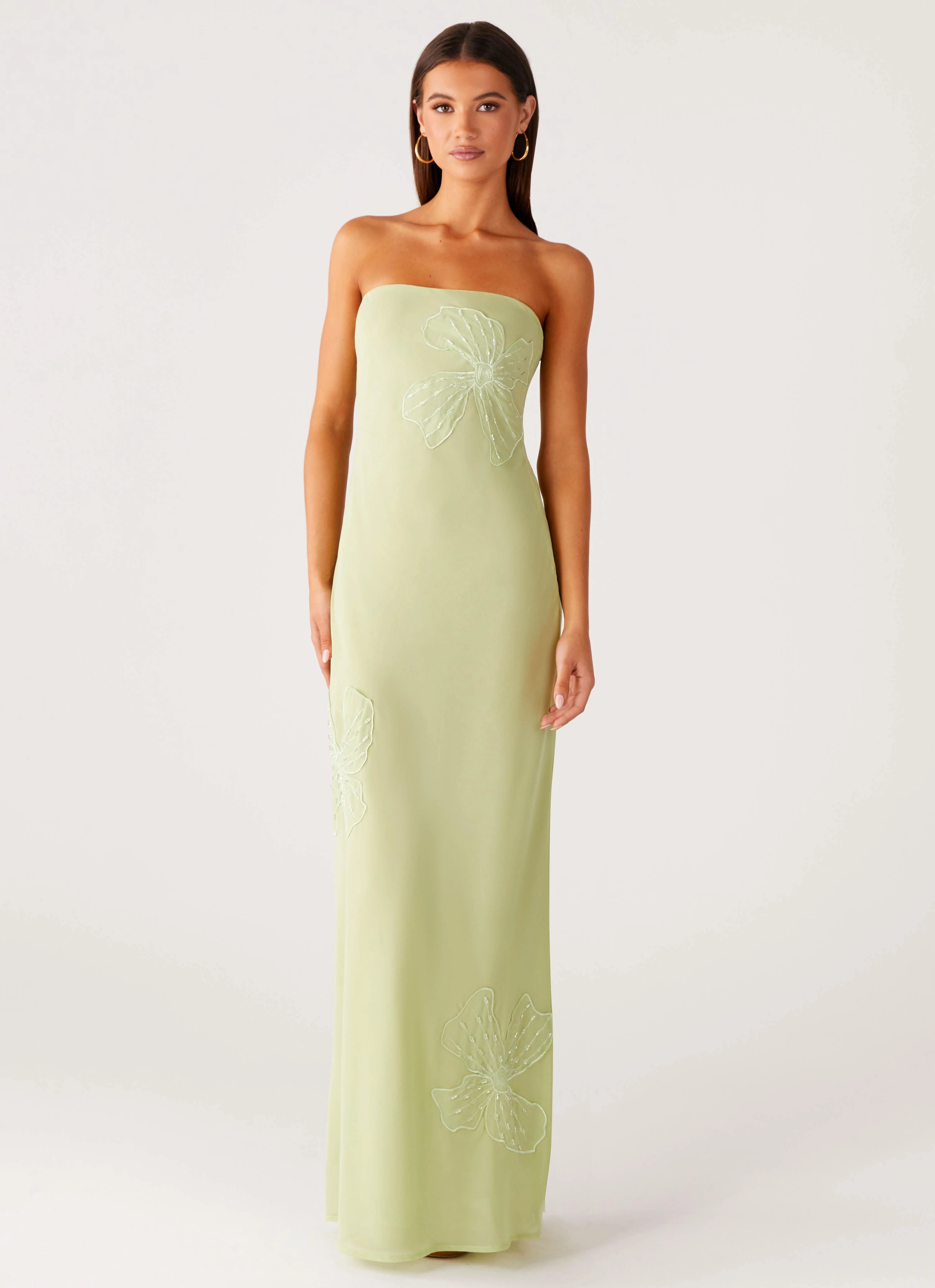 Linen Vibe Sassafras Beaded Flower Strapless Maxi Dress - Lime