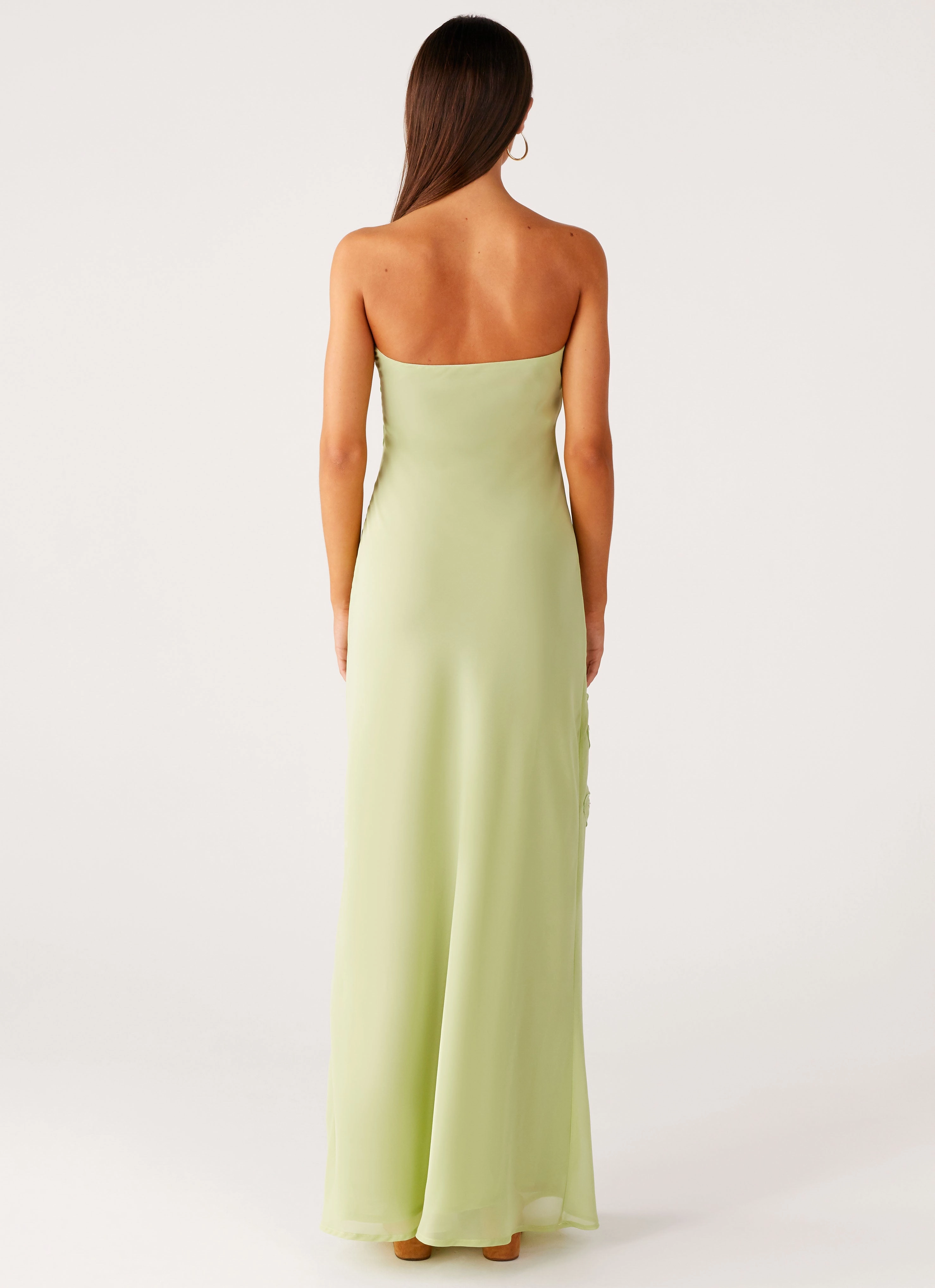 Silky Form Flowy-Shape Sassafras Beaded Flower Strapless Maxi Dress - Lime