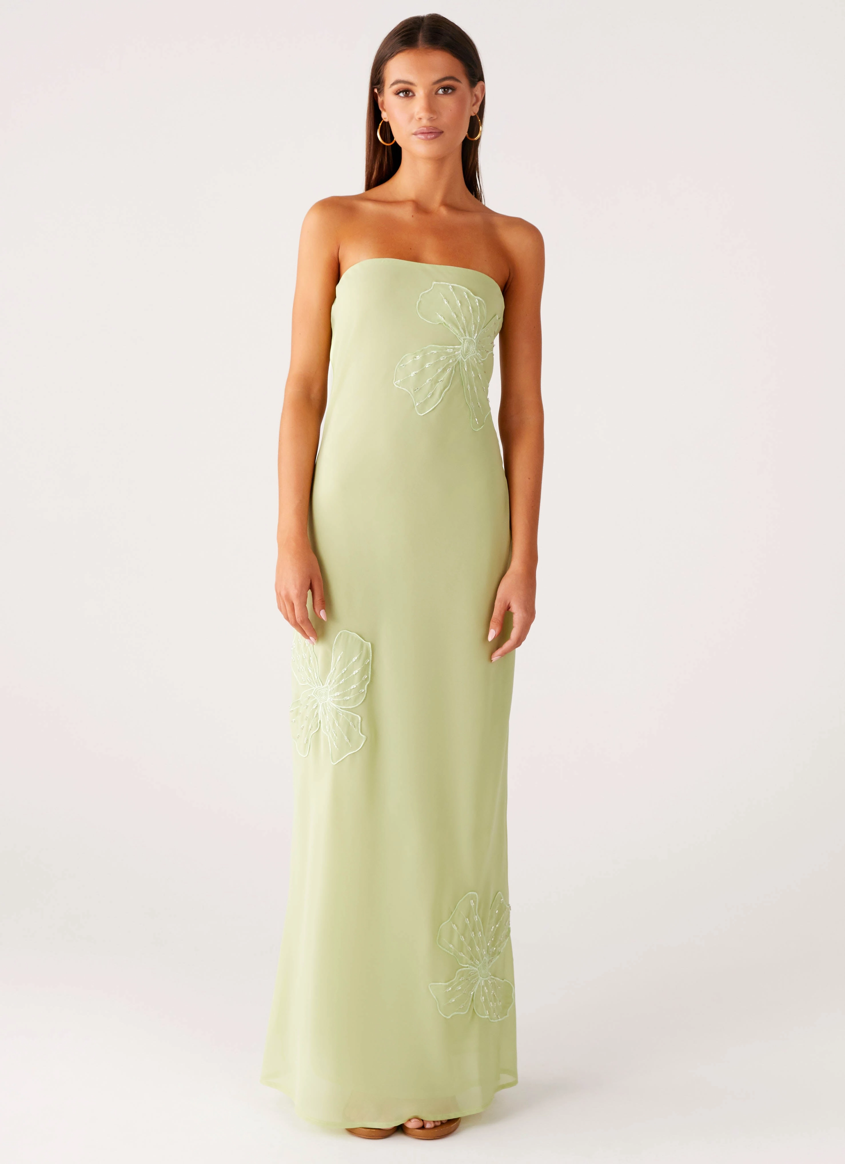 Bright bold dress Soft and Light Sassafras Beaded Flower Strapless Maxi Dress - Lime