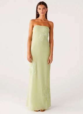 Bright bold dress Soft and Light Sassafras Beaded Flower Strapless Maxi Dress - Lime