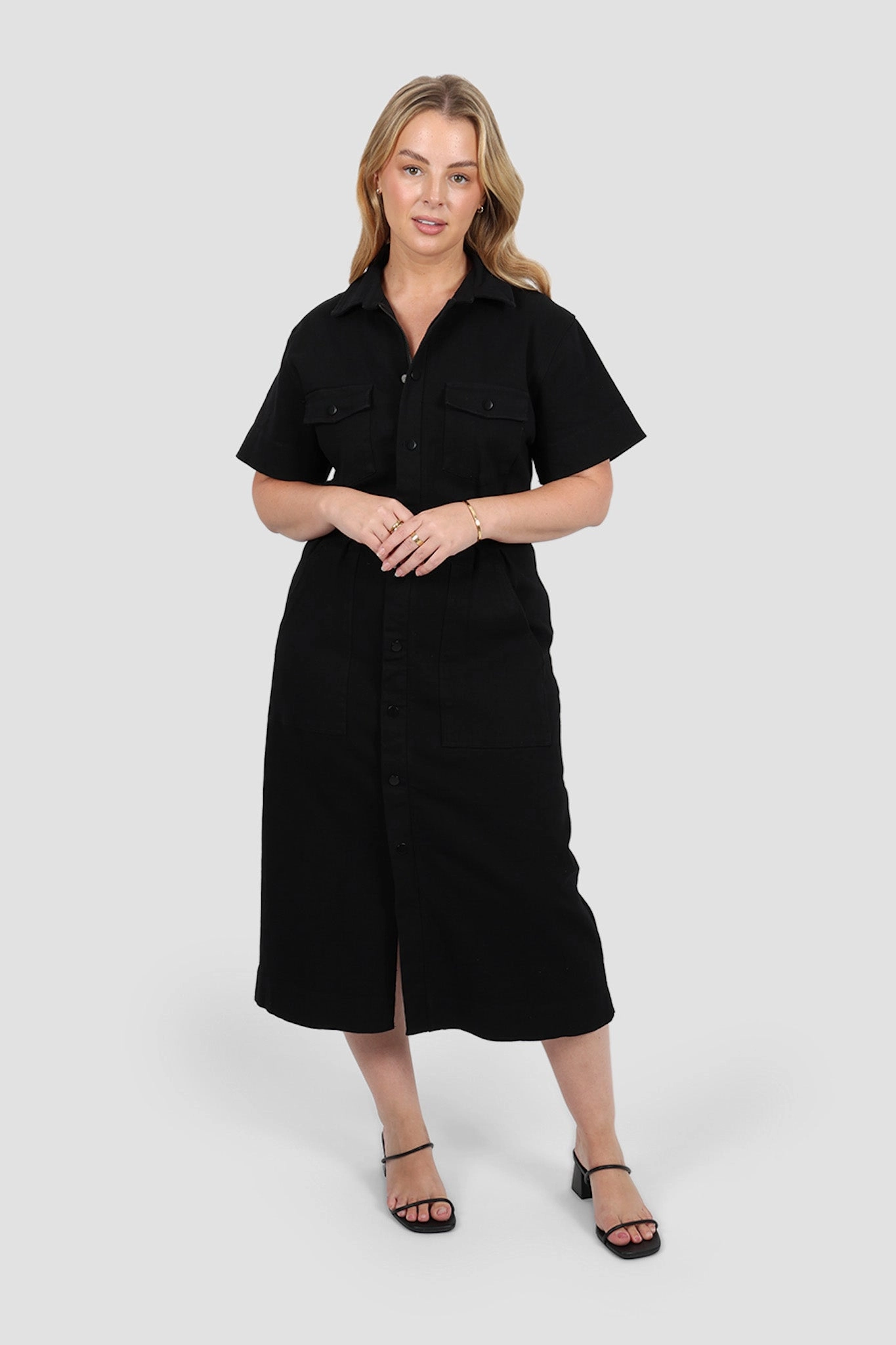SAVEIRA DENIM MIDI DRESS BLACKOUT Perfect For Work