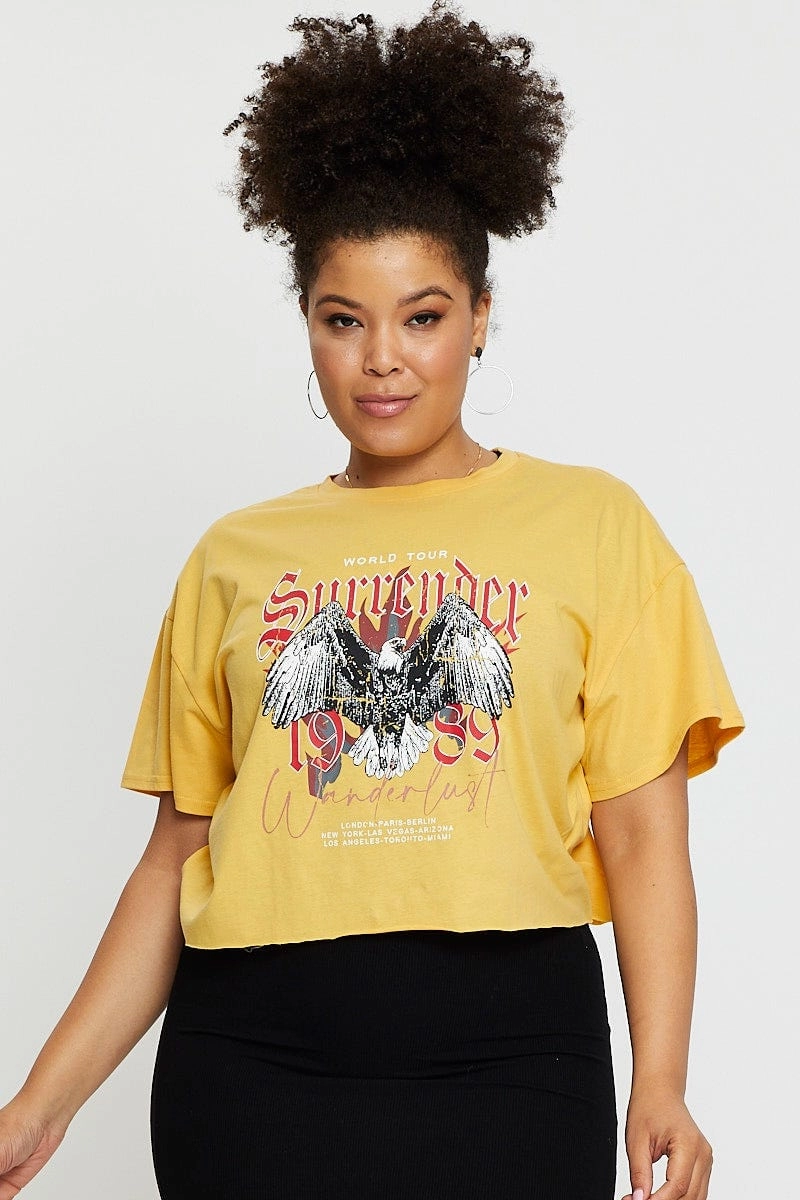 Yellow Crop T-shirt World Tour Short Sleeve Cotton Semi Bold Statement Picnic