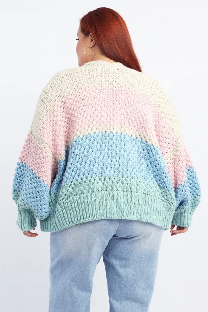 Button Fastenings Comfortable Feel Multi Stripe Oversized Knit Cardigan