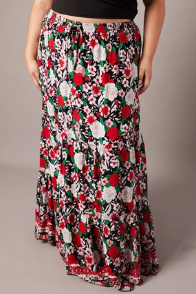 Black Boho Maxi Skirt High Waist Tiered Cuffed hem Urban Fit
