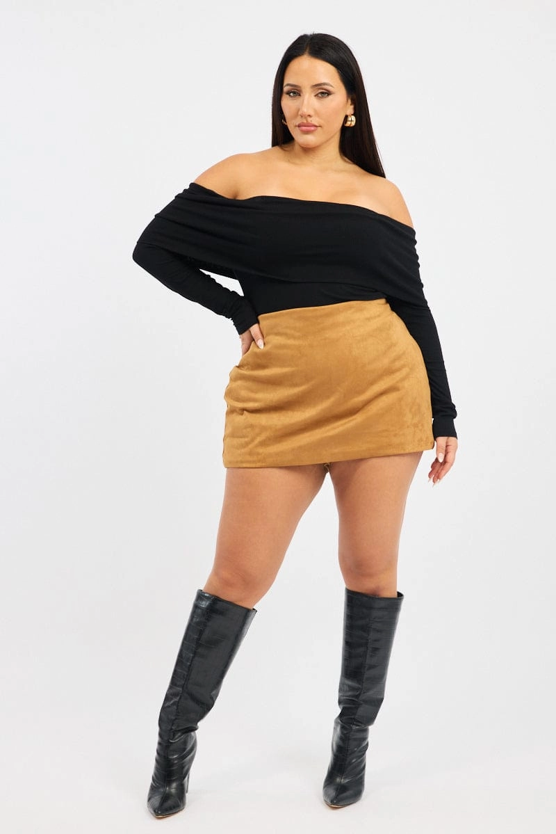 Brown Suedette Mini Skort Skirt Innovative Fabric Crisp Details