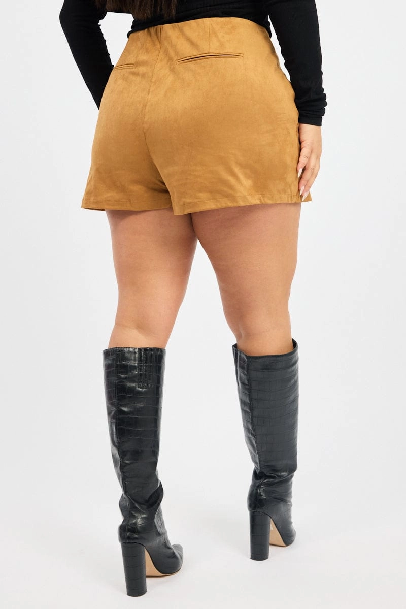 Detachable Detail Lightweight Lining Brown Suedette Mini Skort Skirt