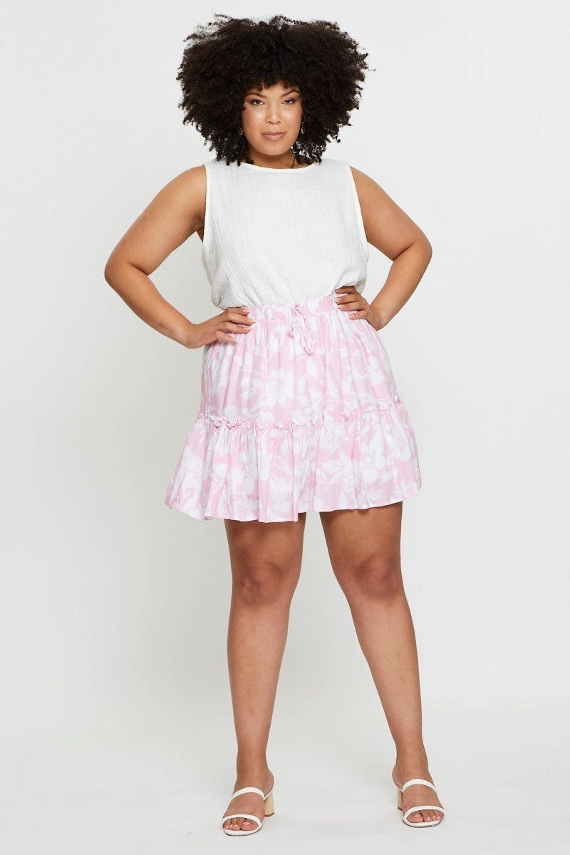 Spring Brunch Floral Print Mini Skater Skirt Elastic Waist