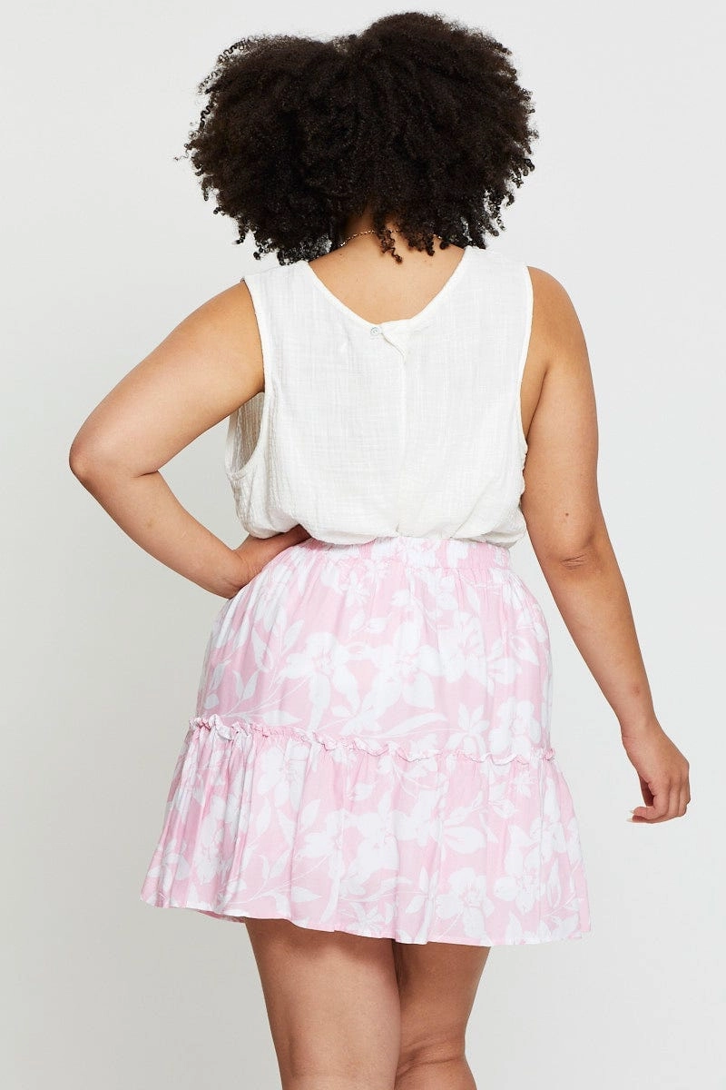 Floral Print Mini Skater Skirt Elastic Waist Cuffed hem Minimal Vibe