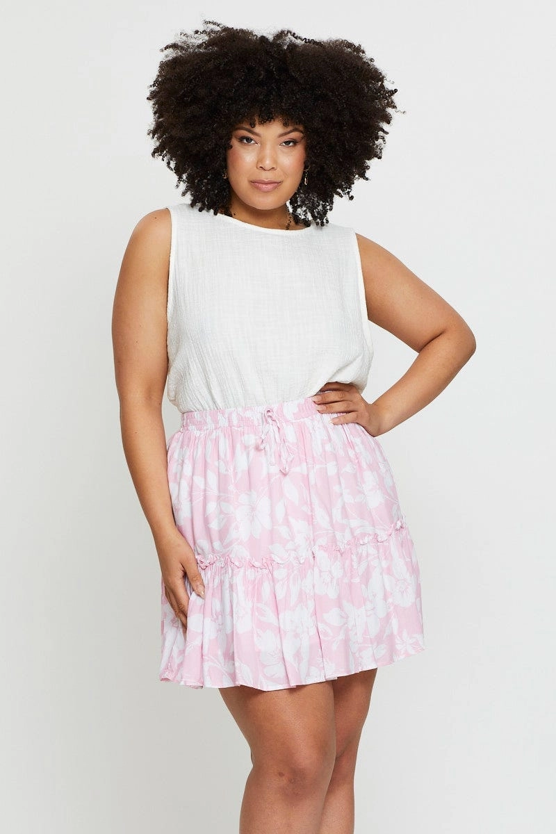 Shopping Trip Floral Print Mini Skater Skirt Elastic Waist