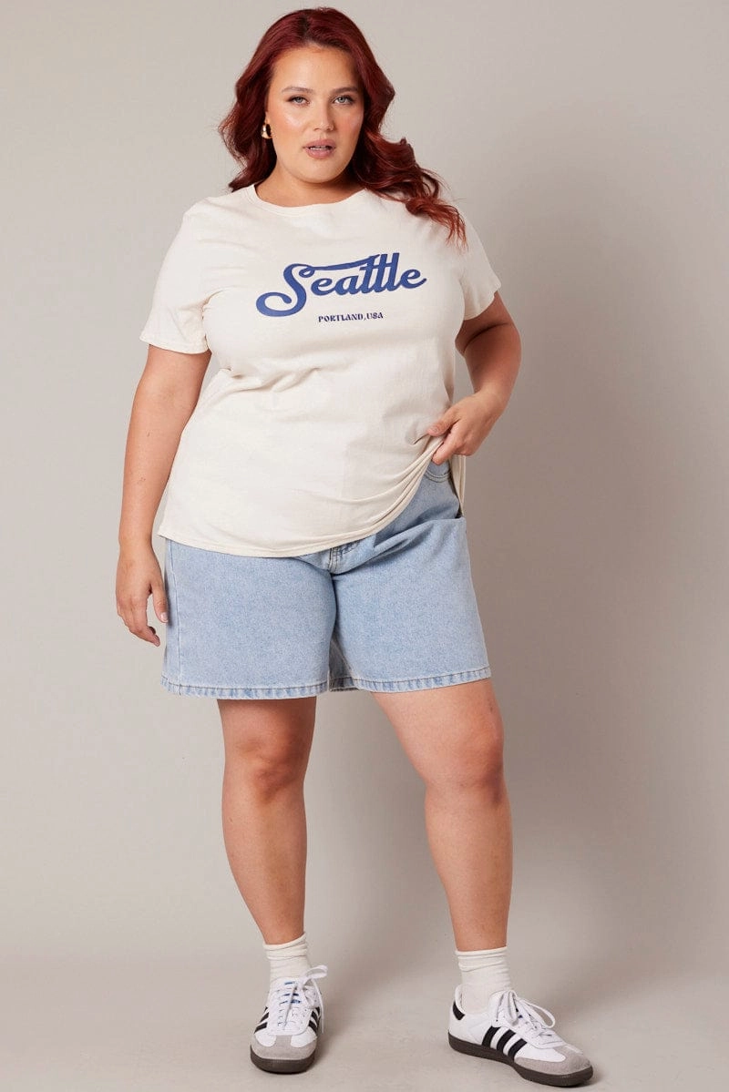 Wrinkle-Free Beige Graphic T-shirt Short Sleeve Crew Neck