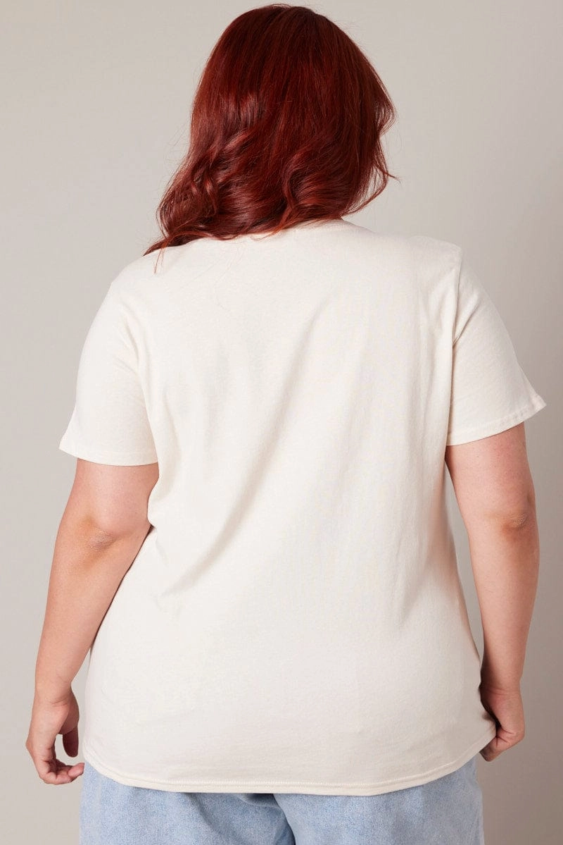 Beige Graphic T-shirt Short Sleeve Crew Neck Minimal Layers ReinforcedShoulderPanels