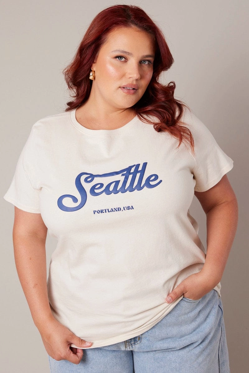 Active Layers Beige Graphic T-shirt Short Sleeve Crew Neck