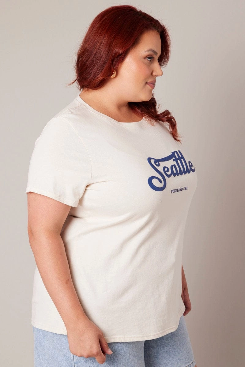 Beige Graphic T-shirt Short Sleeve Crew Neck Garment Dyed Finish Casual Everyday