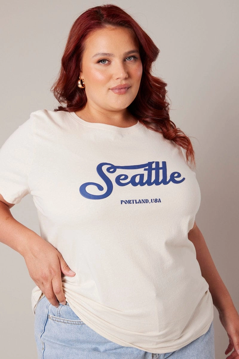 Beige Graphic T-shirt Short Sleeve Crew Neck Casual Comfort Look Active Flex