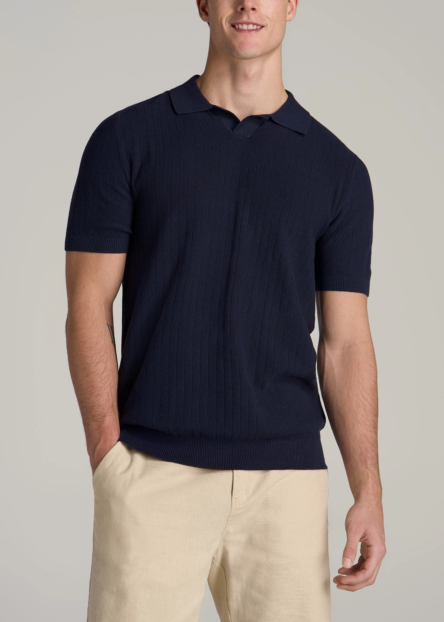Flexible Ribbing Casual Style Linen Blend Ribbed Knit Polo Shirt for Tall Men in Evening Blue