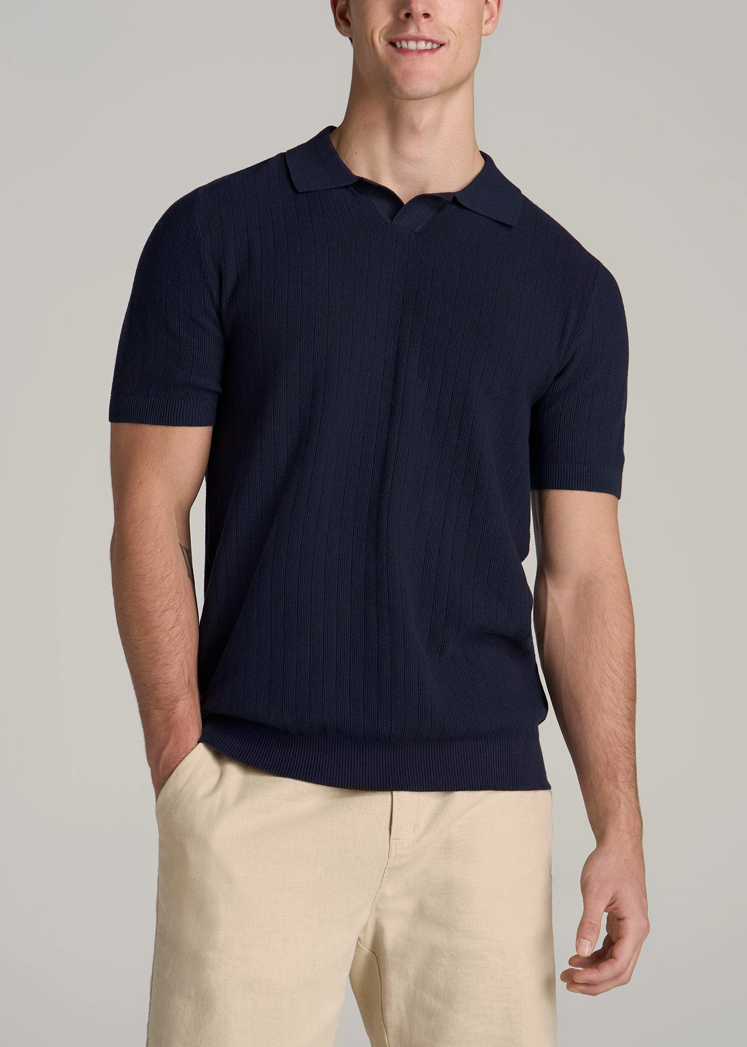 Linen Blend Ribbed Knit Polo Shirt for Tall Men in Evening Blue WrinkleResistant Cloth EcoCertified Material