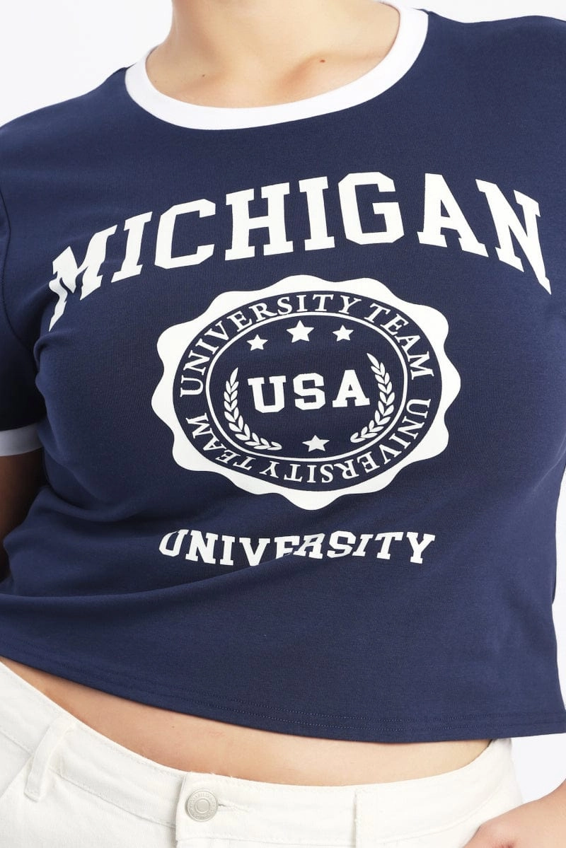 Blue Graphic T Shirt Short Sleeve Crew Neck Chic Wearable