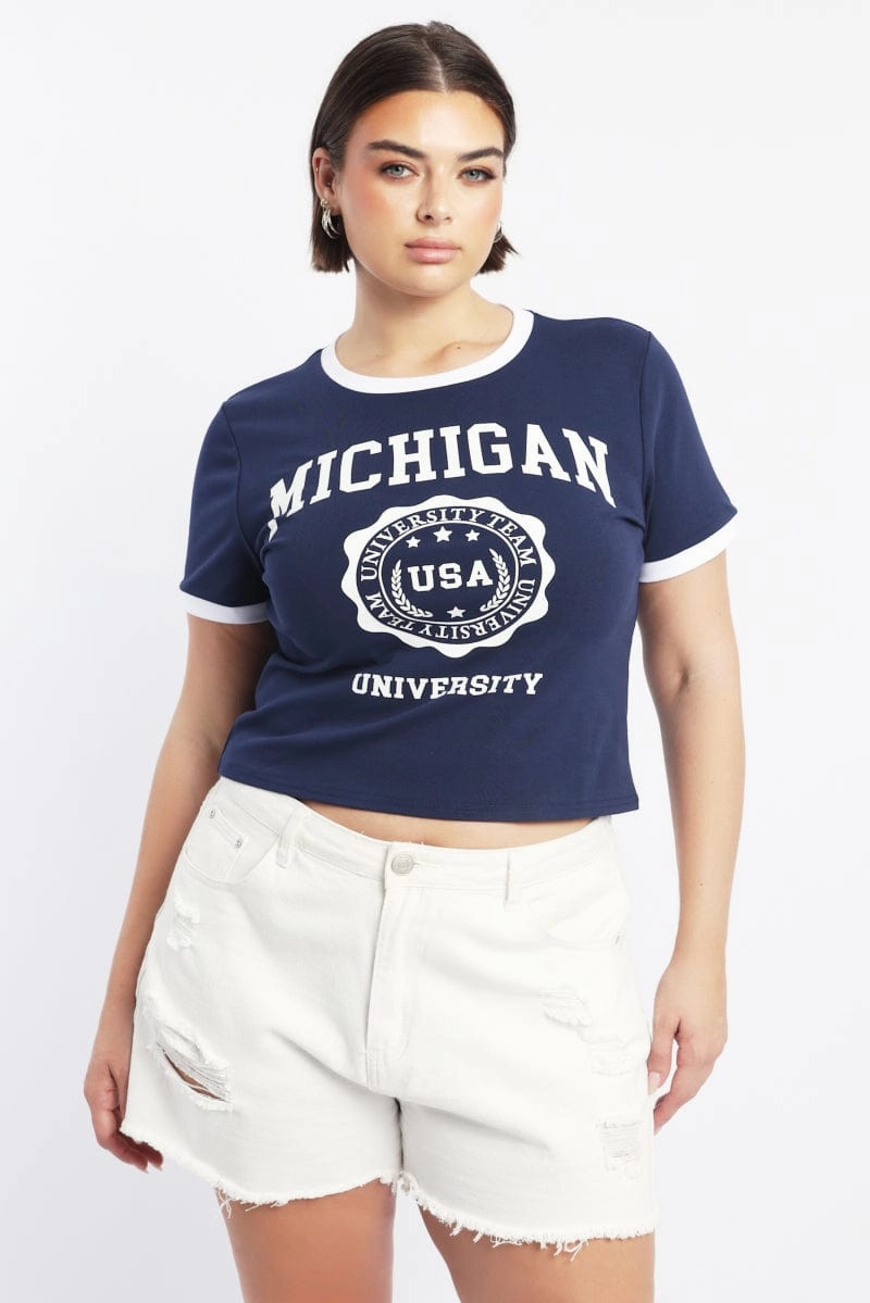 Casual Layering Wear Clean Cut Blue Graphic T Shirt Short Sleeve Crew Neck