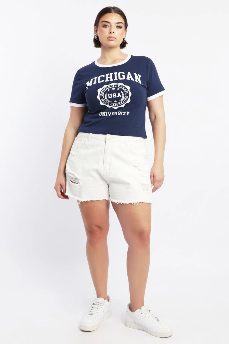 Streetwear Style Blue Graphic T Shirt Short Sleeve Crew Neck