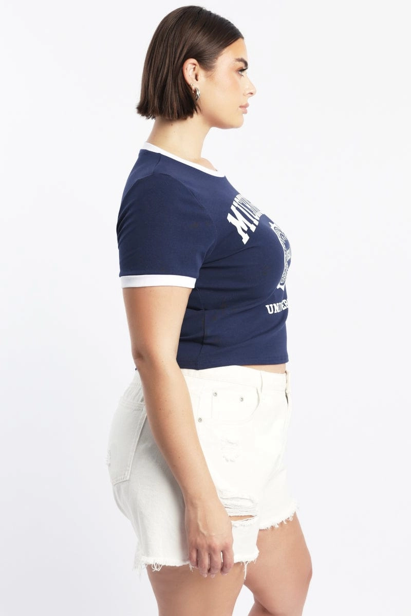 Anti Perspiration Lining Breathable Layer Fit Blue Graphic T Shirt Short Sleeve Crew Neck