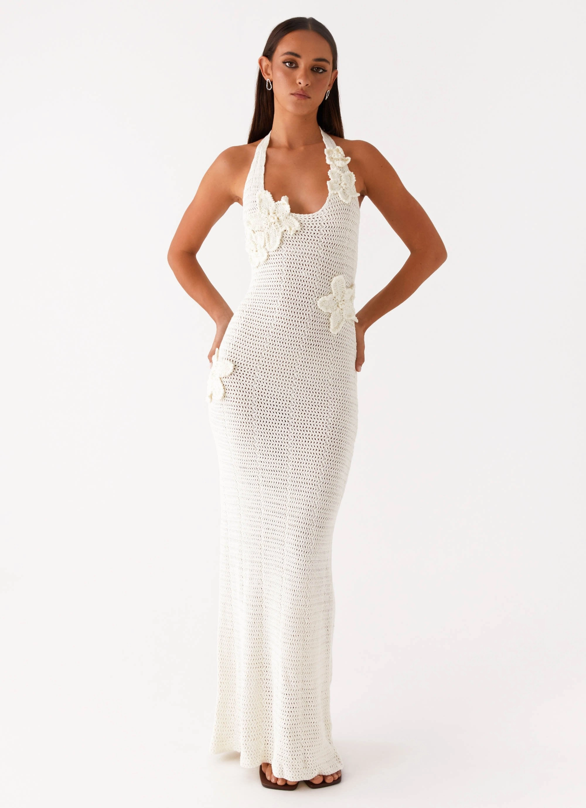 Satin Touch Novalee Flower Crochet Maxi Dress - Ivory