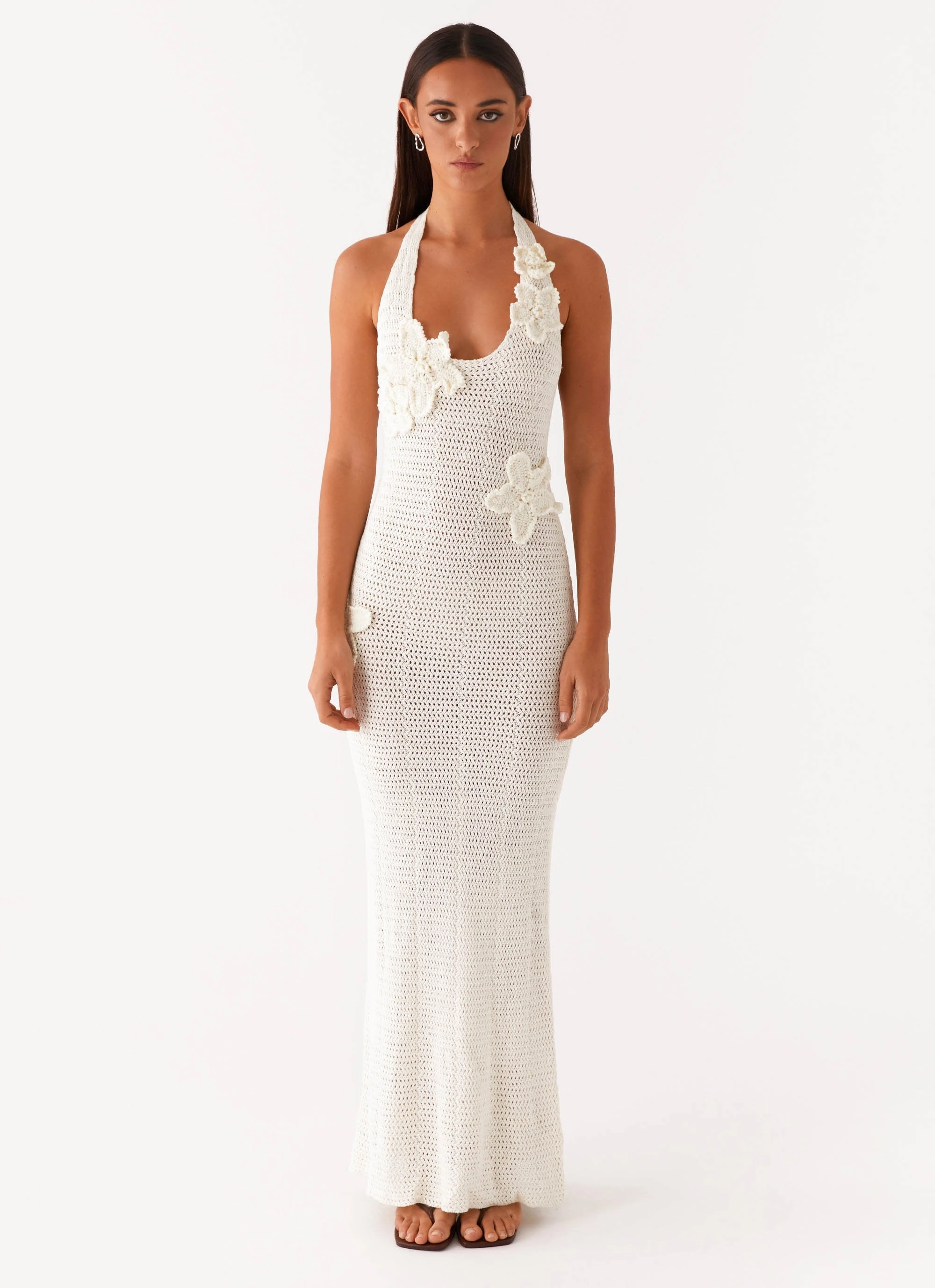 Belt Waist Novalee Flower Crochet Maxi Dress - Ivory