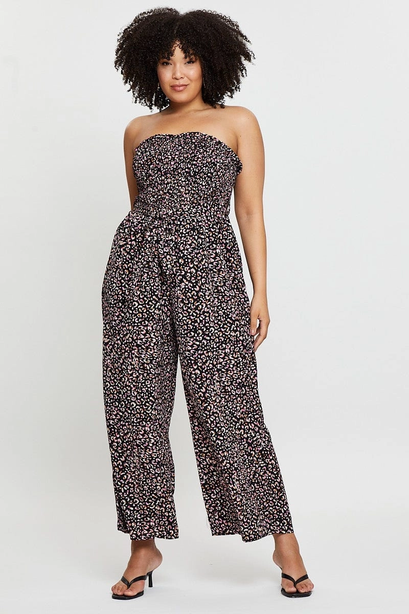 Animal Print Jumpsuit Strapless Waist Tie Smooth-Lining