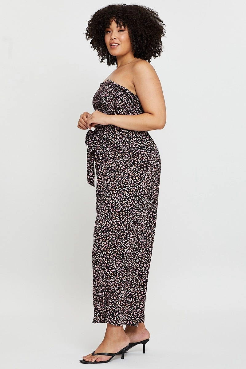 Animal Print Jumpsuit Strapless Waist Tie Jewel Tones