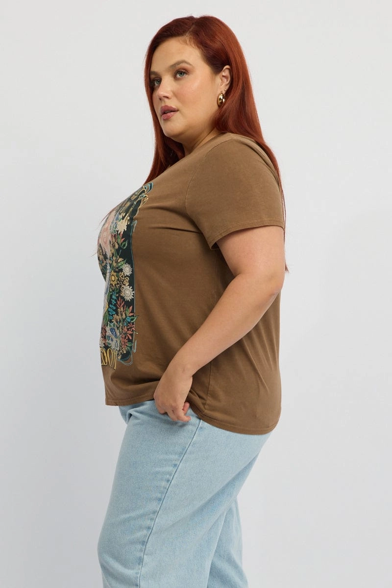 Trendy Fabric Skin Friendly Lining Brown Graphic T-shirt Short Sleeve Crew Neck