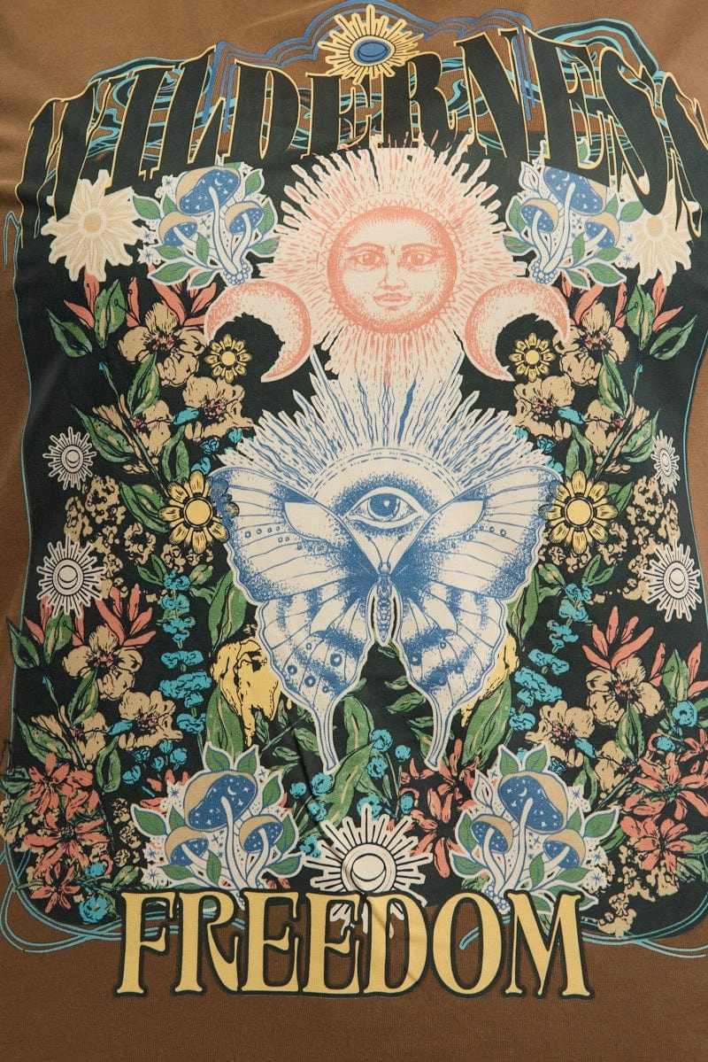 Eco Conscious Production Buttery Soft Fabric Brown Graphic T-shirt Short Sleeve Crew Neck