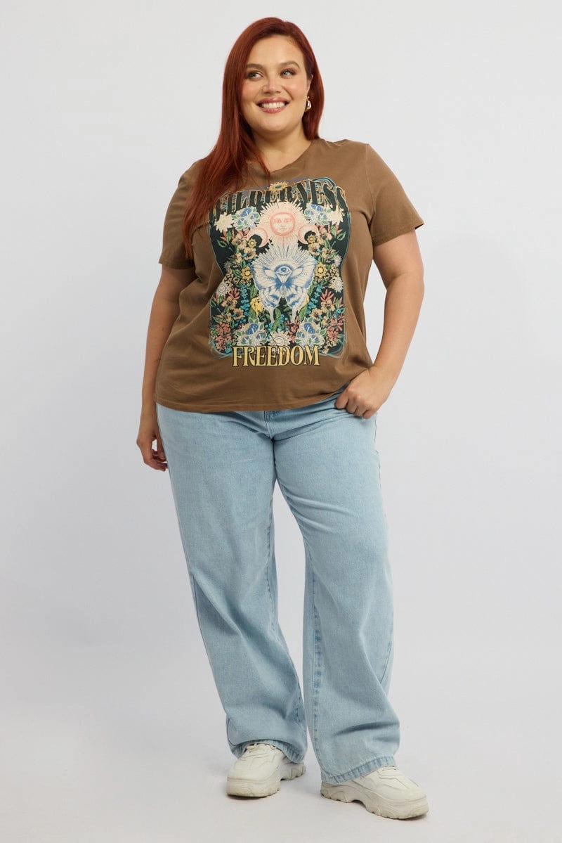 simple design Brown Graphic T-shirt Short Sleeve Crew Neck