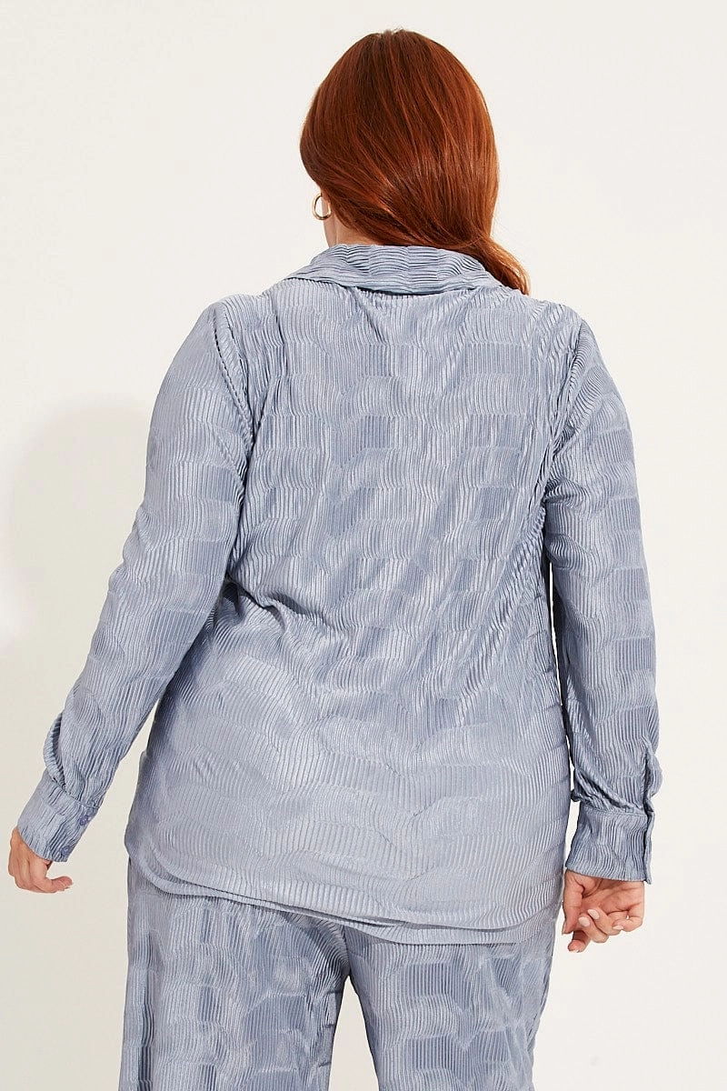 Dusty Blue Plisse Shirt Long Sleeve Cozy Option
