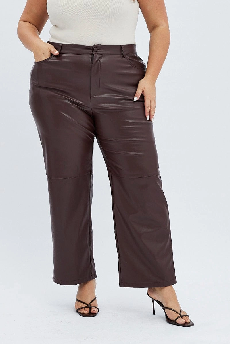 Simple Comfort Wear Sleek lines Brown Faux Leather Pants High Button Waist Wide Leg