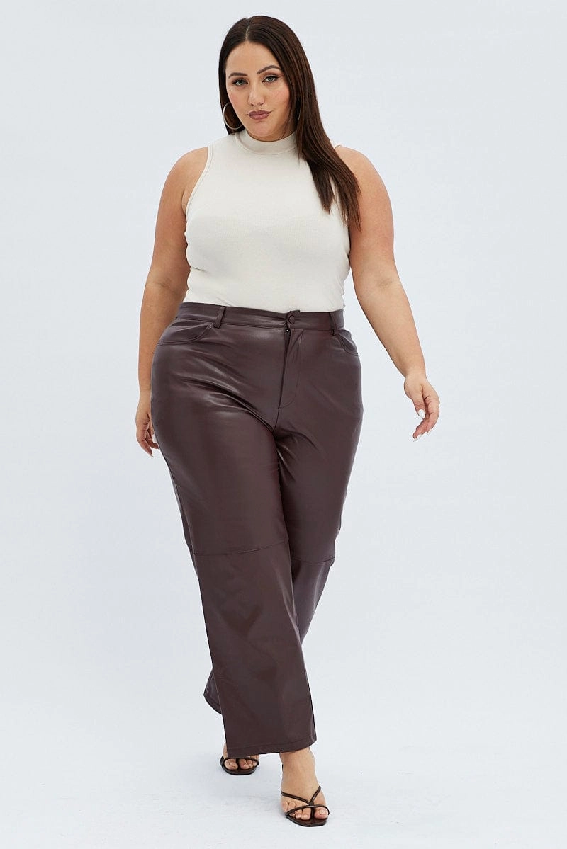 Sleek Look Flexible Motion Brown Faux Leather Pants High Button Waist Wide Leg