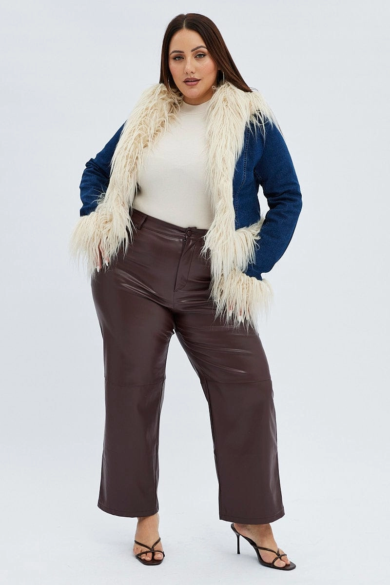 PermeableCloth Breathable back panel Brown Faux Leather Pants High Button Waist Wide Leg