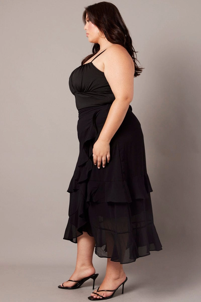 Black Frill Chiffon Midi Skirt Non Irritating Texture