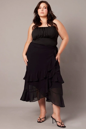 Black Frill Chiffon Midi Skirt Pleated Construction