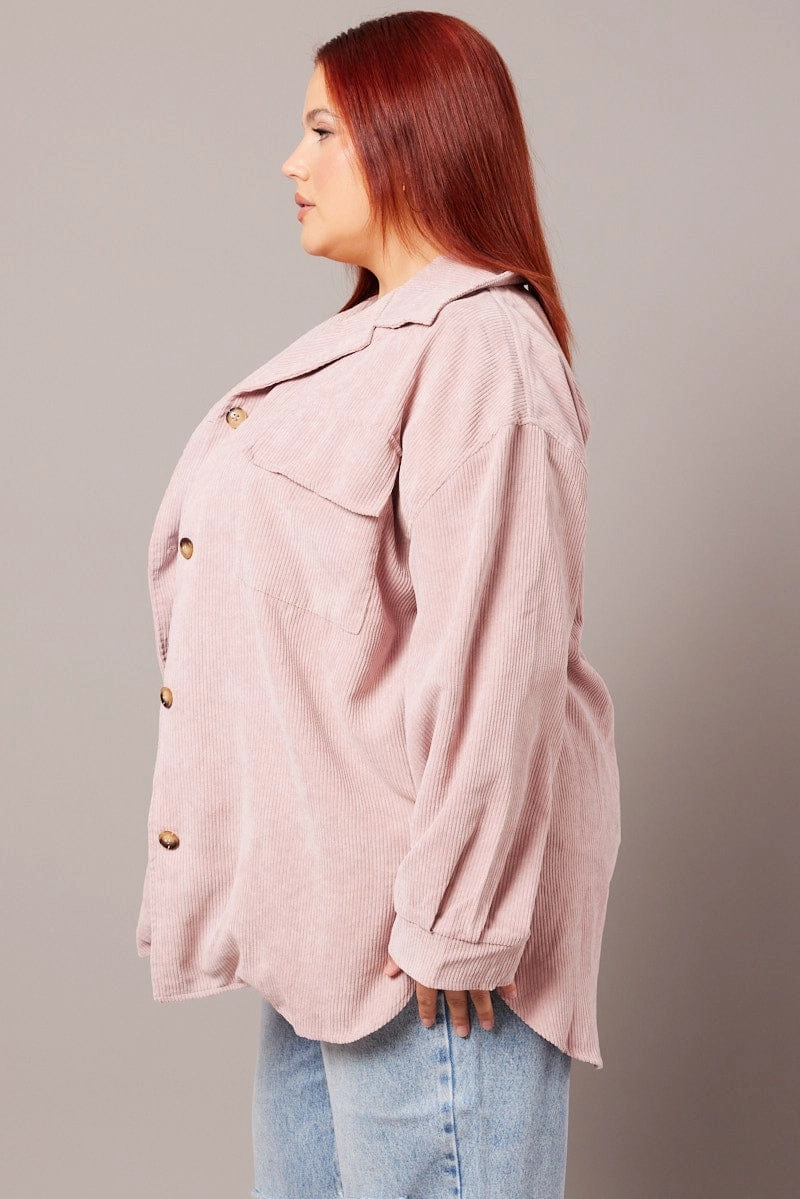 Checkered Style Pink Relaxed Shirt Long Sleeve Corduroy