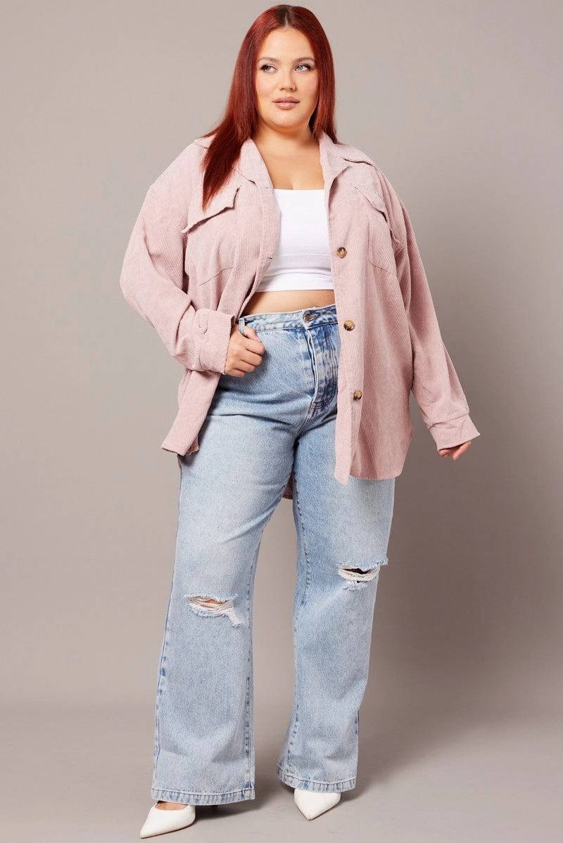 High-End Look Minimalist Closure Pink Relaxed Shirt Long Sleeve Corduroy