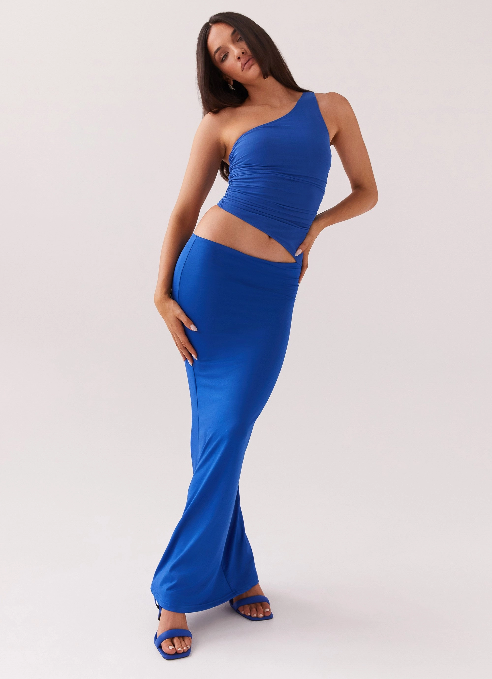 Seranella One Shoulder Maxi Dress - Cobalt Travel piece FlatlockSeam