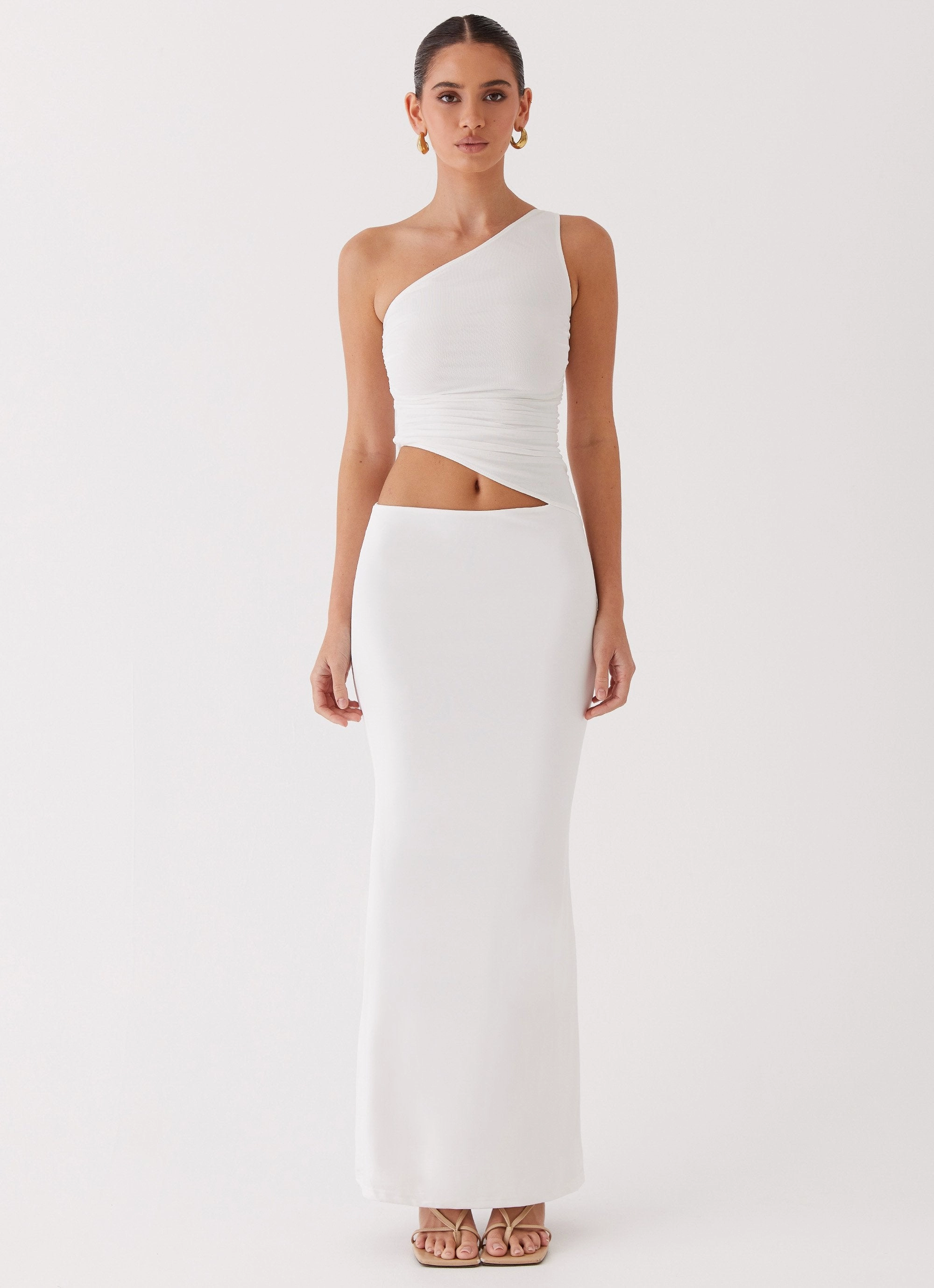 Crisp Detail Light Aesthetic Seranella One Shoulder Maxi Dress - White