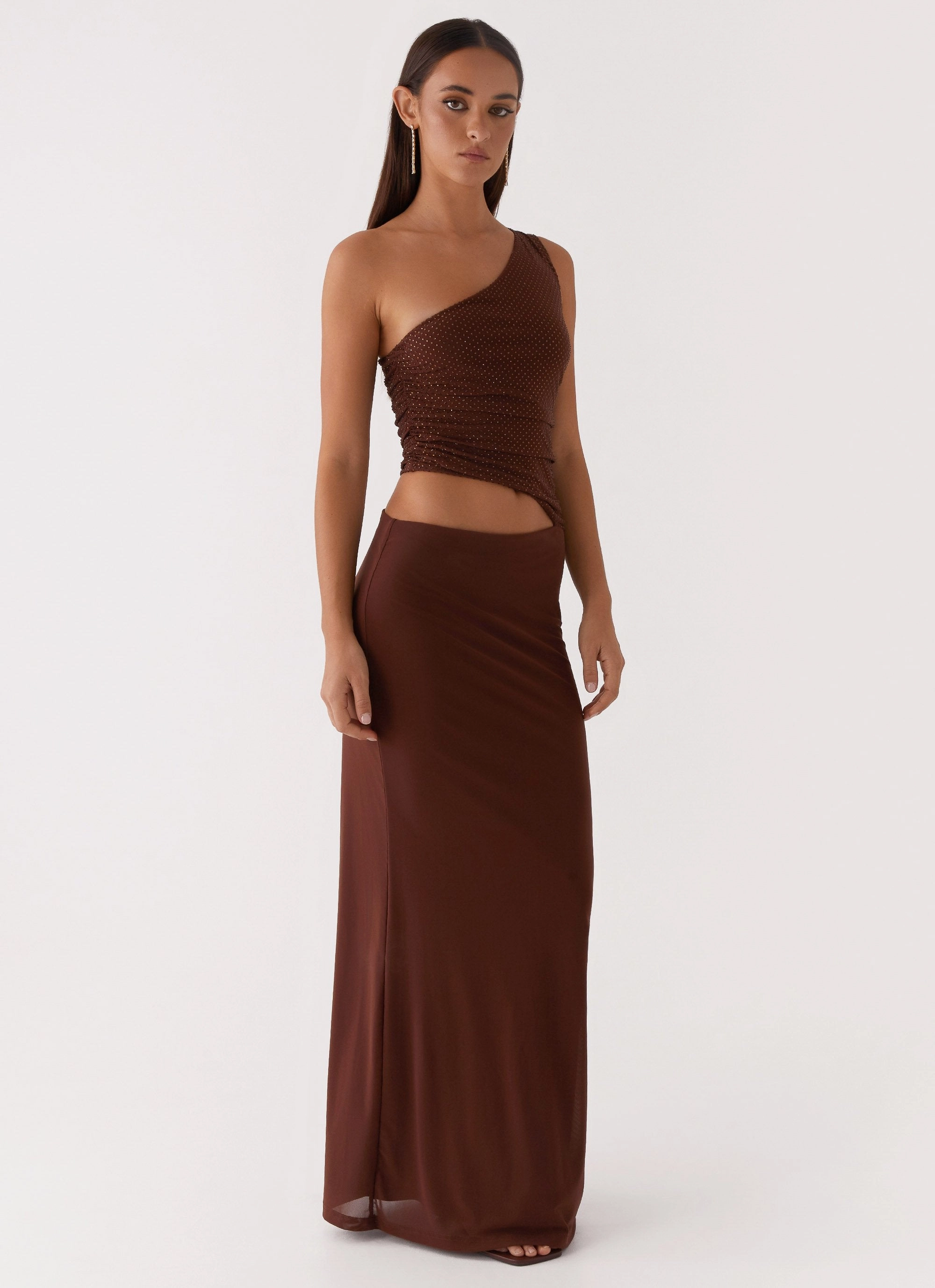 Sleek Movement Casual Style Seranella Sequin One Shoulder Maxi Dress - Chocolate
