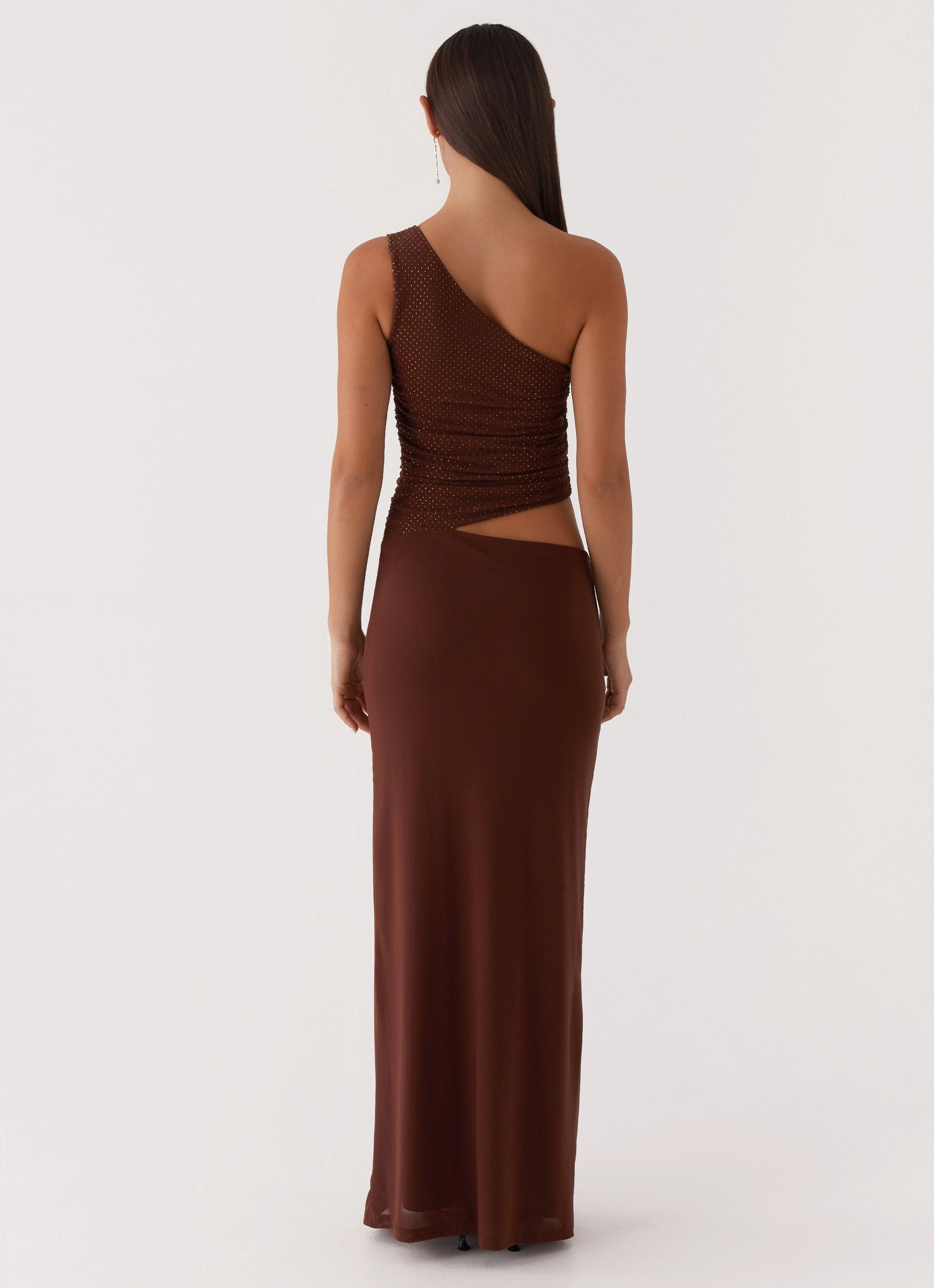 Minimal Aesthetic Seranella Sequin One Shoulder Maxi Dress - Chocolate