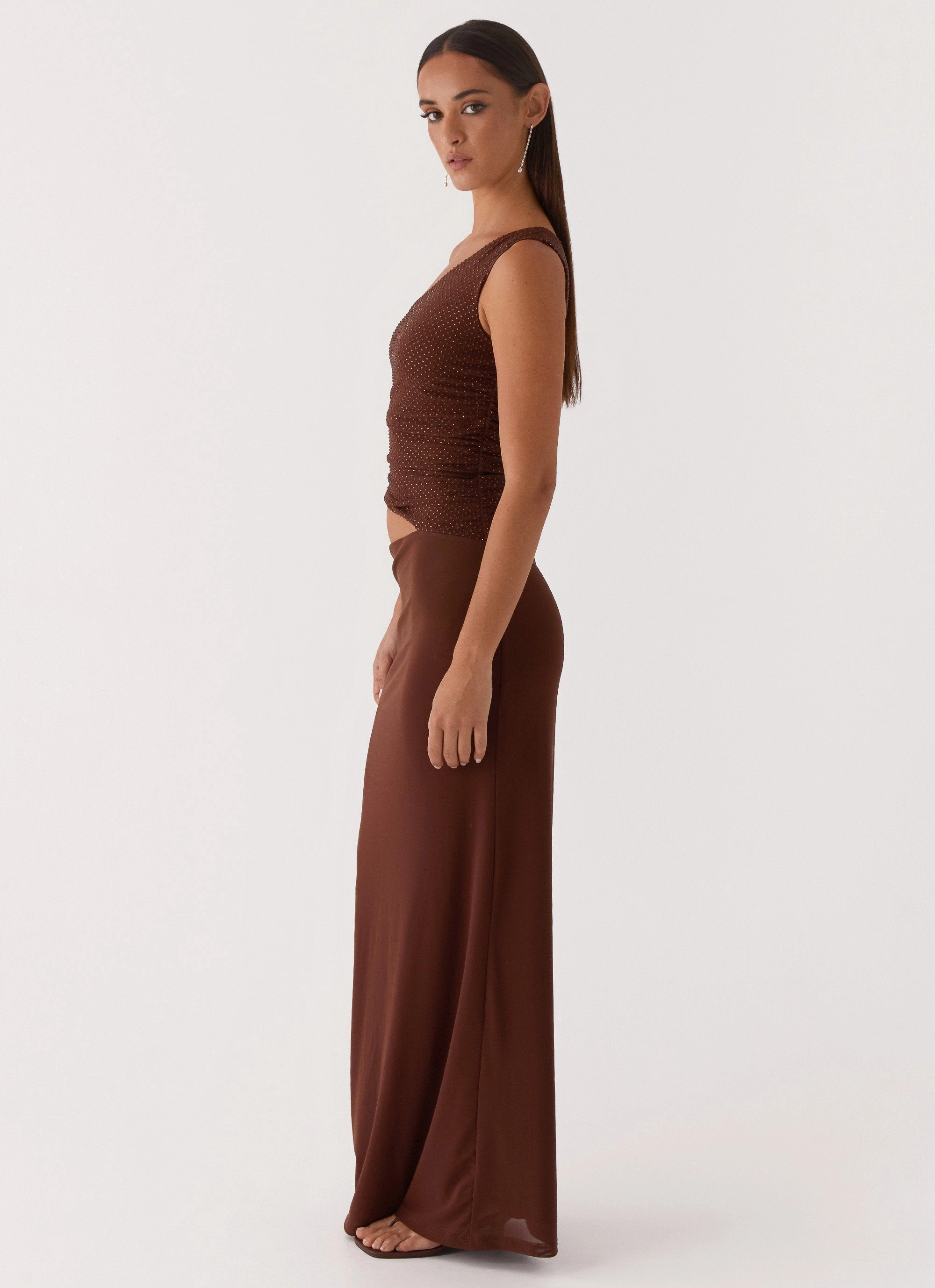Adjustable-Straps Seranella Sequin One Shoulder Maxi Dress - Chocolate