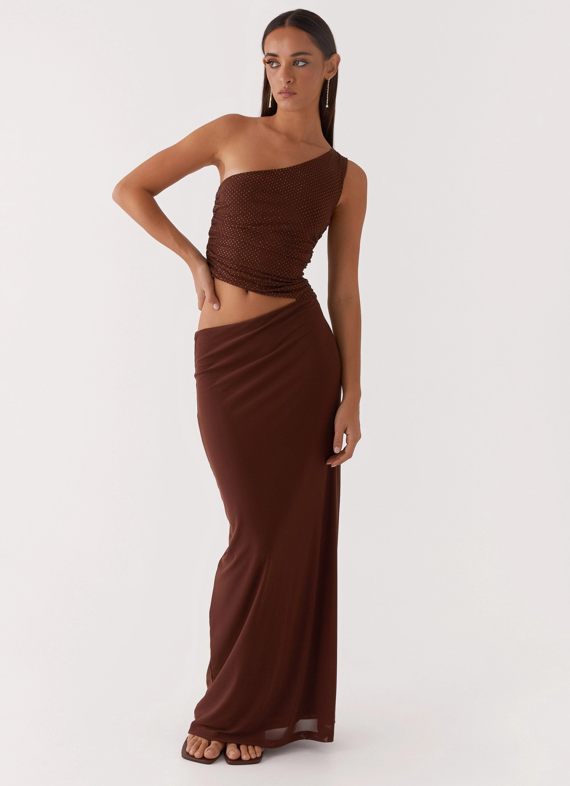 Seranella Sequin One Shoulder Maxi Dress - Chocolate Date night