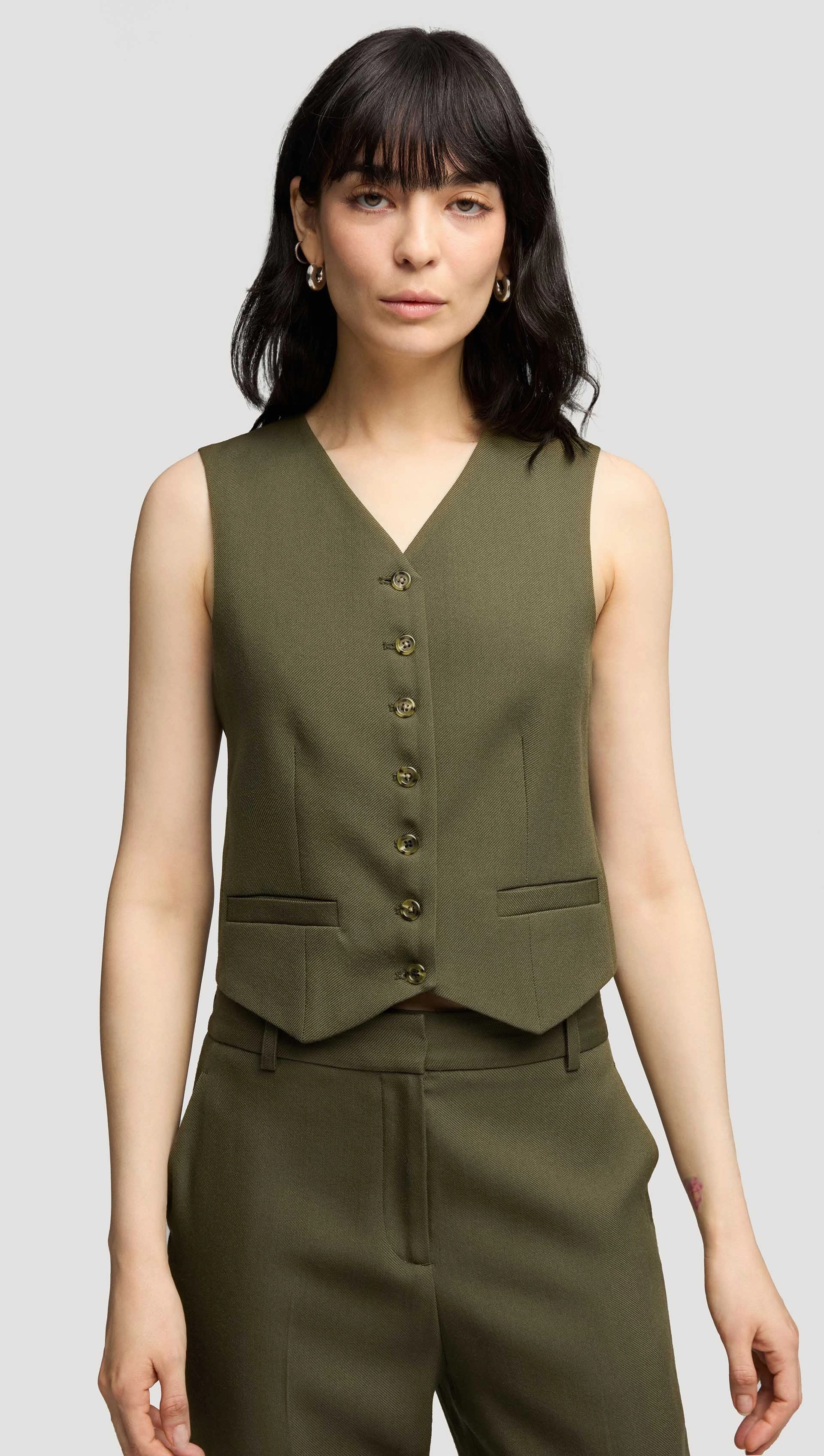Shallow V-Neck Waistcoat in Viscose Wool Twill | Olive UltraSoftInterior Biodegradable Fiber