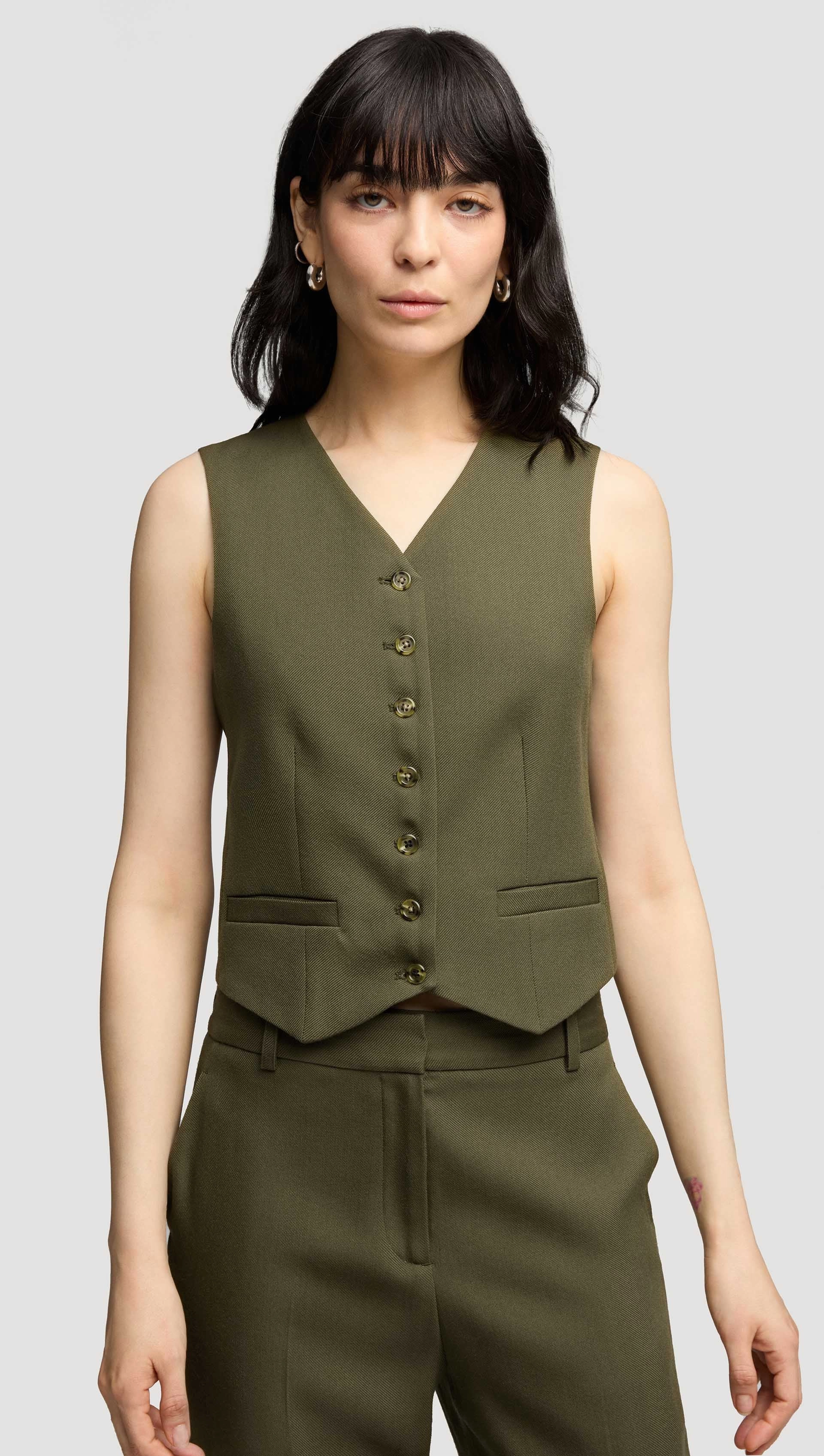 Lightweight Weave Material standard fit Shallow V-Neck Waistcoat in Viscose Wool Twill | Olive