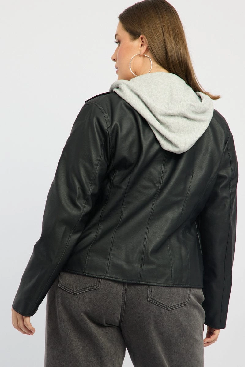 Recycled Material Construction Odor Resistant Black Faux Leather Jacket With Detachable Hood