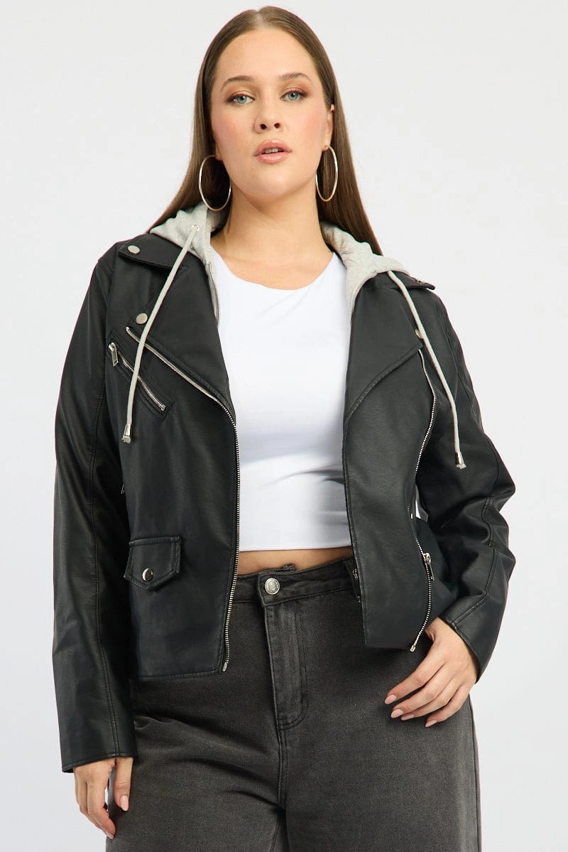 Non Iron Fabric Tech Packable Style Black Faux Leather Jacket With Detachable Hood